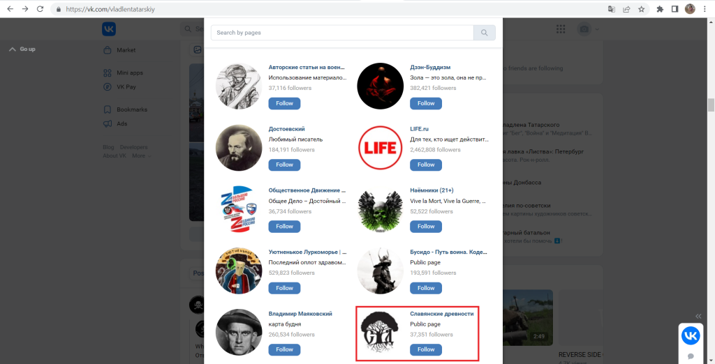 Some of Maxim Fomin's likes on vKontakte, including Slavic antiquities.